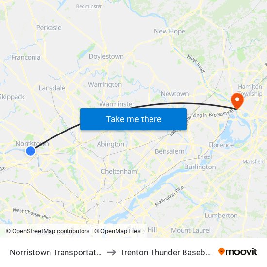 Norristown Transportation Center to Trenton Thunder Baseball Stadium map