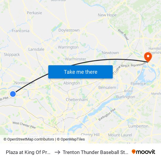 Plaza at King Of Prussia to Trenton Thunder Baseball Stadium map