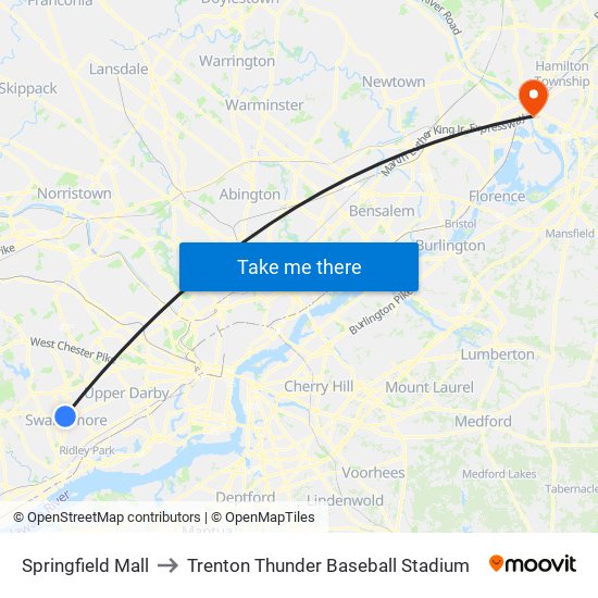 Springfield Mall to Trenton Thunder Baseball Stadium map