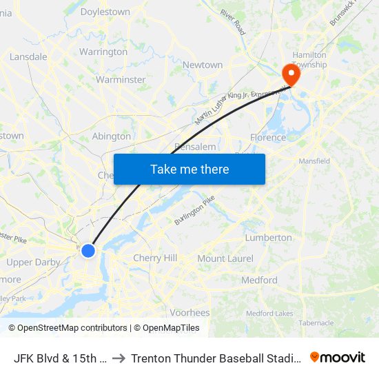 JFK Blvd & 15th St to Trenton Thunder Baseball Stadium map