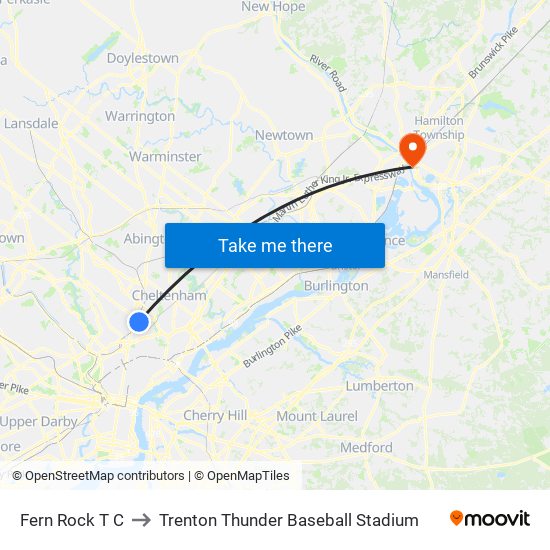 Fern Rock T C to Trenton Thunder Baseball Stadium map