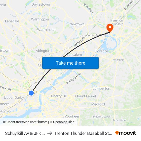 Schuylkill Av & JFK Blvd to Trenton Thunder Baseball Stadium map