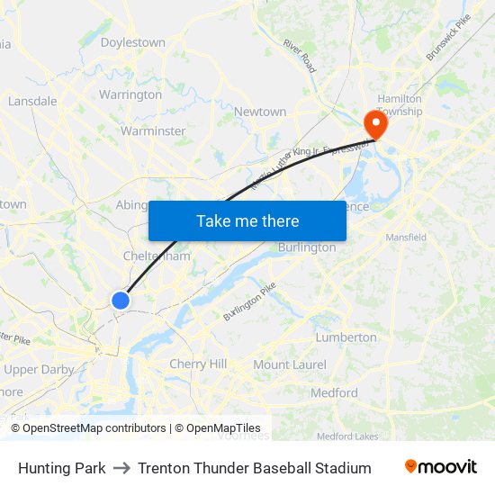 Hunting Park to Trenton Thunder Baseball Stadium map