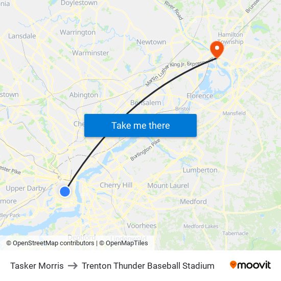 Tasker Morris to Trenton Thunder Baseball Stadium map