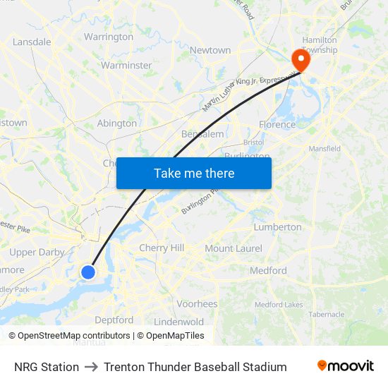 NRG Station to Trenton Thunder Baseball Stadium map