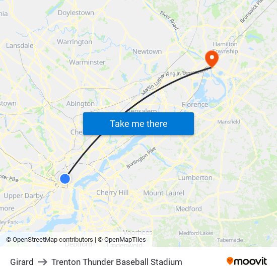 Girard to Trenton Thunder Baseball Stadium map