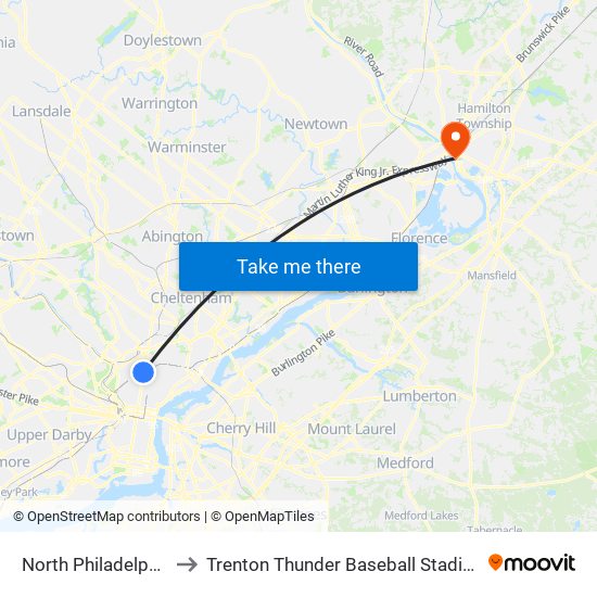 North Philadelphia to Trenton Thunder Baseball Stadium map