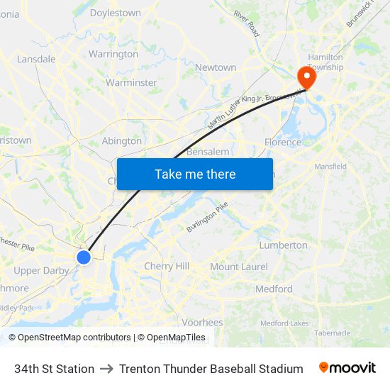 34th St Station to Trenton Thunder Baseball Stadium map