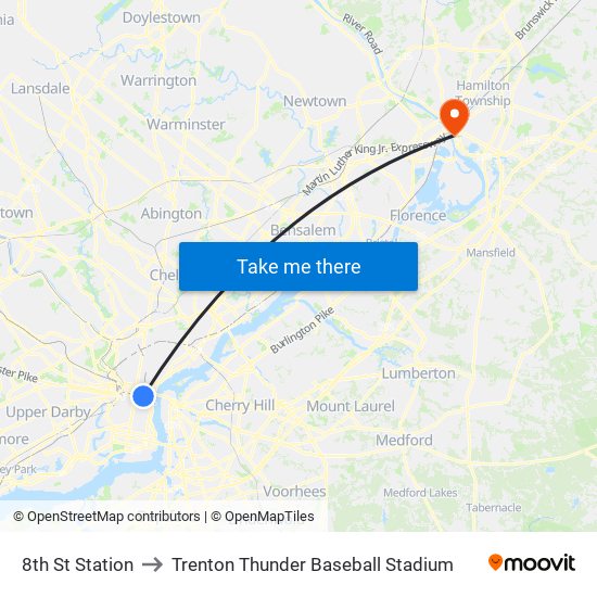 8th St Station to Trenton Thunder Baseball Stadium map