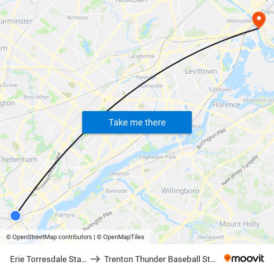 Erie Torresdale Station to Trenton Thunder Baseball Stadium map
