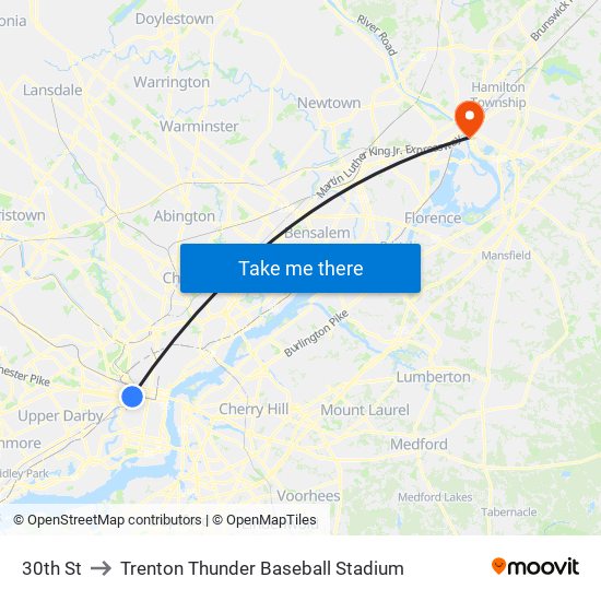 30th St to Trenton Thunder Baseball Stadium map