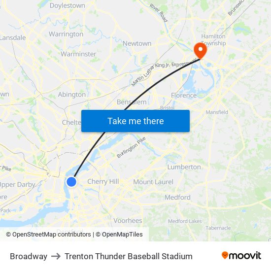 Broadway to Trenton Thunder Baseball Stadium map