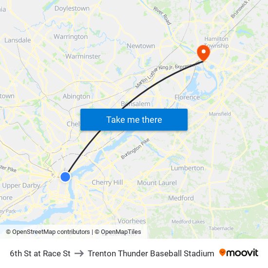 6th St at Race St to Trenton Thunder Baseball Stadium map