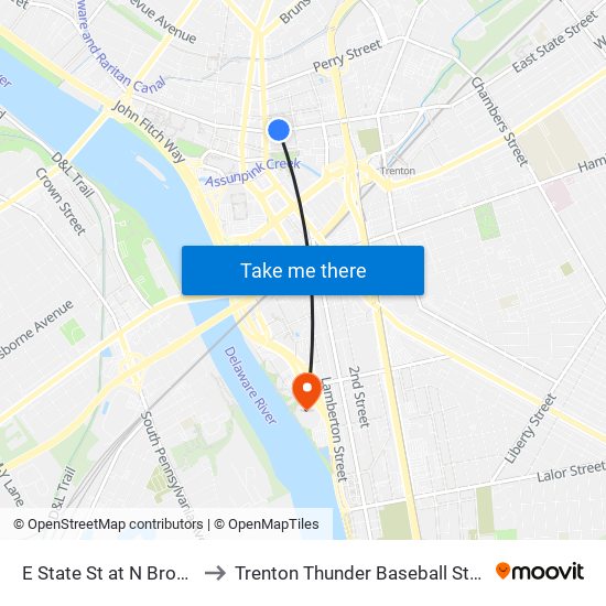 E State St at N Broad St to Trenton Thunder Baseball Stadium map