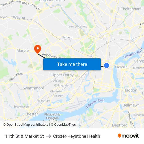 11th St & Market St to Crozer-Keystone Health map