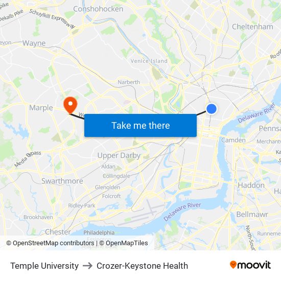 Temple University to Crozer-Keystone Health map