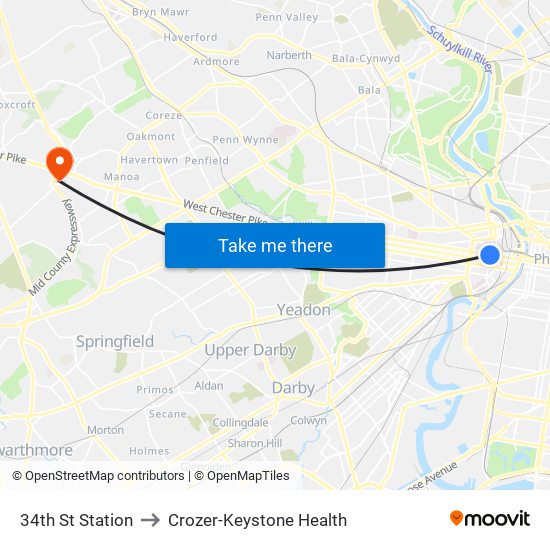 34th St Station to Crozer-Keystone Health map