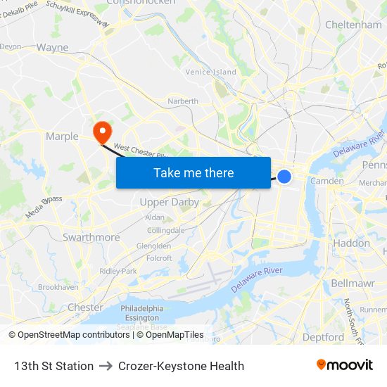 13th St Station to Crozer-Keystone Health map