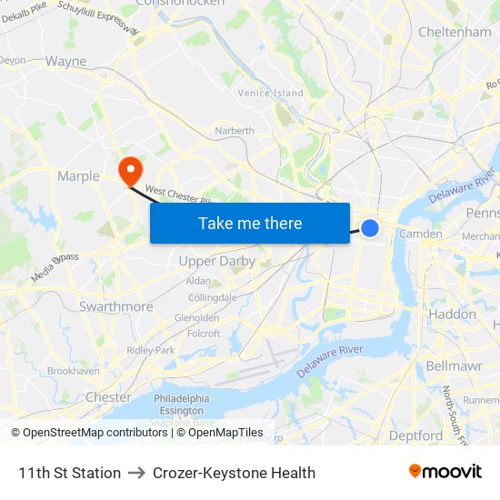 11th St Station to Crozer-Keystone Health map