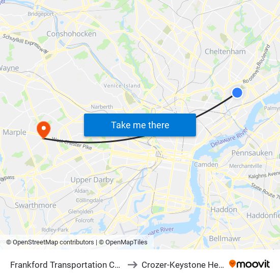 Frankford Transportation Center to Crozer-Keystone Health map