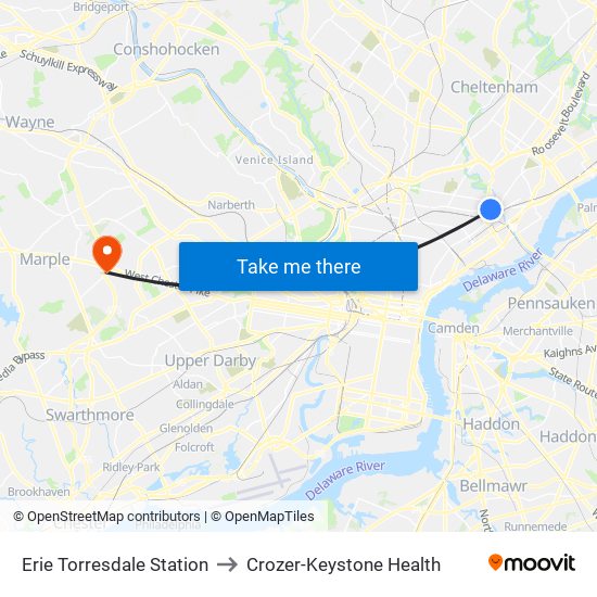 Erie Torresdale Station to Crozer-Keystone Health map