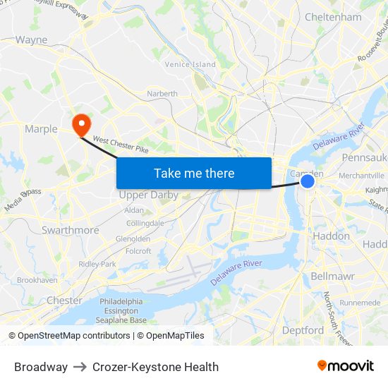 Broadway to Crozer-Keystone Health map