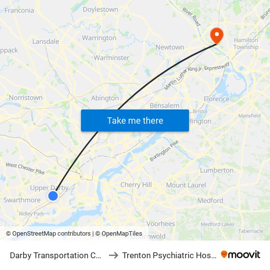 Darby Transportation Center to Trenton Psychiatric Hospital map