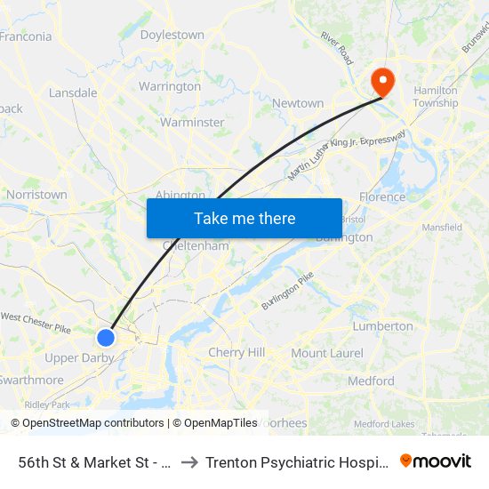 56th St & Market St - Fs to Trenton Psychiatric Hospital map