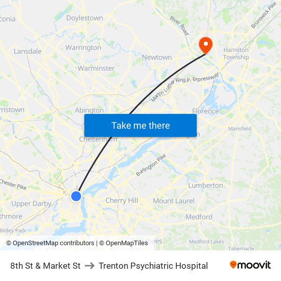8th St & Market St to Trenton Psychiatric Hospital map