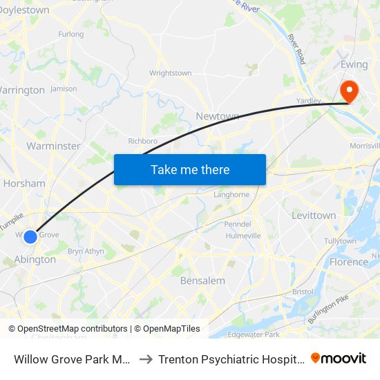 Willow Grove Park Mall to Trenton Psychiatric Hospital map