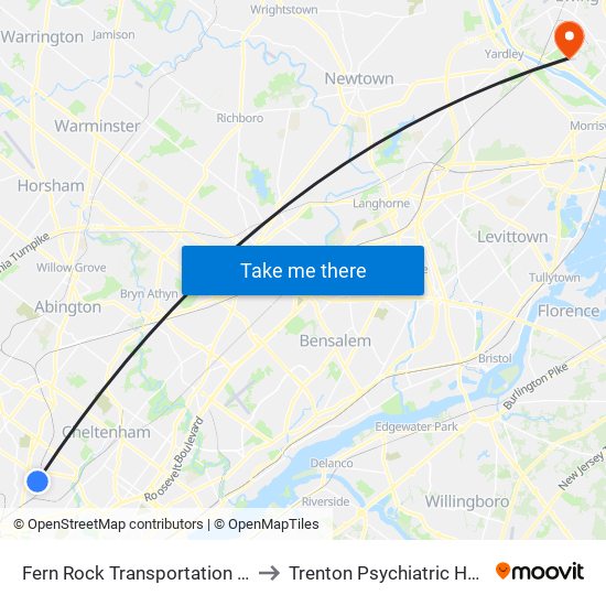 Fern Rock Transportation Center to Trenton Psychiatric Hospital map