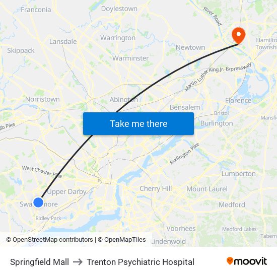 Springfield Mall to Trenton Psychiatric Hospital map