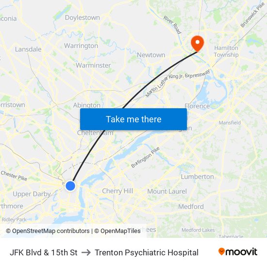 JFK Blvd & 15th St to Trenton Psychiatric Hospital map
