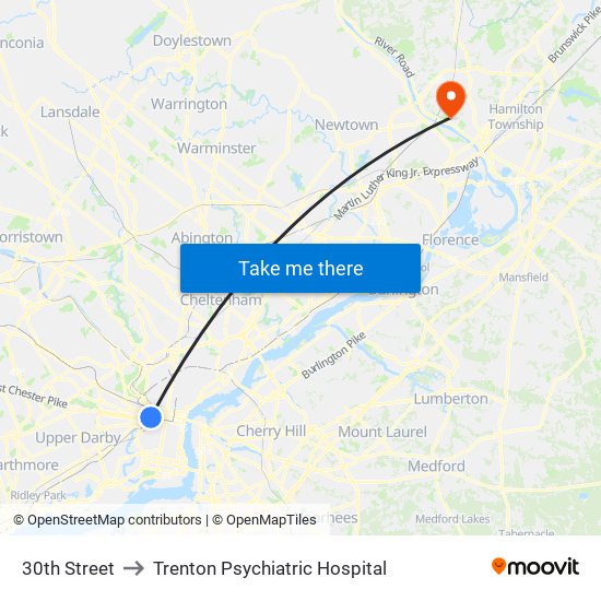 30th Street to Trenton Psychiatric Hospital map