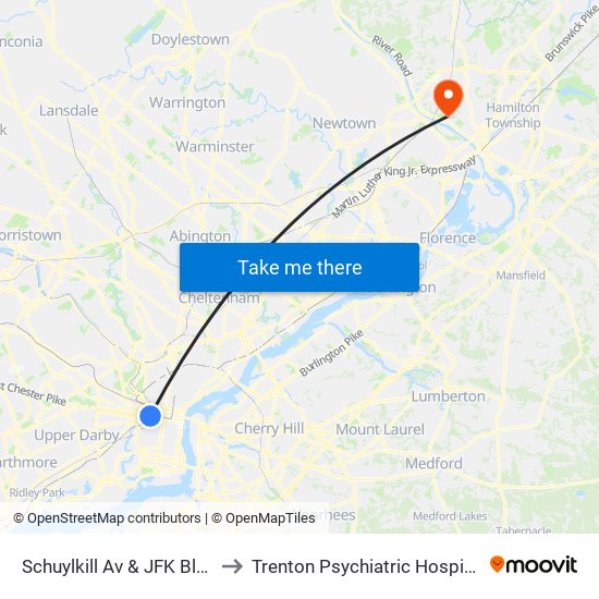 Schuylkill Av & JFK Blvd to Trenton Psychiatric Hospital map