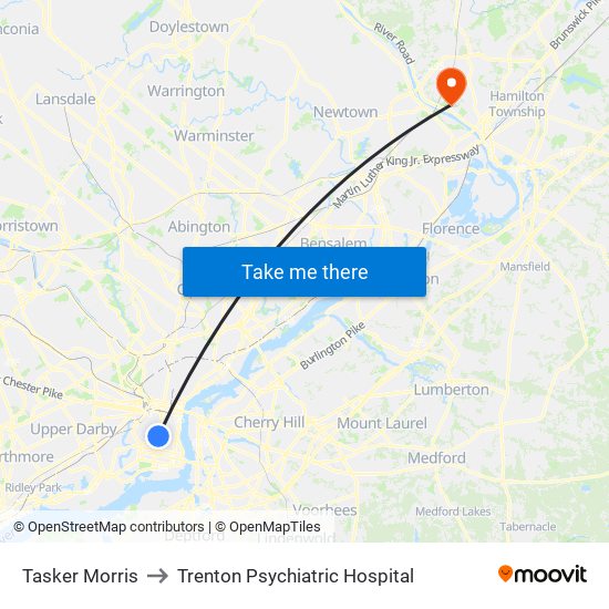 Tasker Morris to Trenton Psychiatric Hospital map