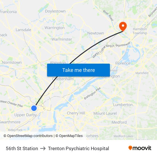 56th St Station to Trenton Psychiatric Hospital map