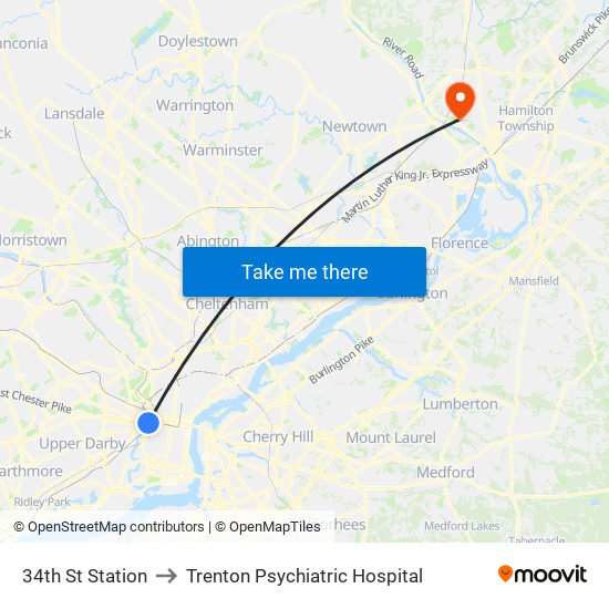34th St Station to Trenton Psychiatric Hospital map