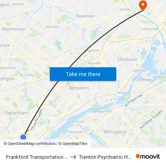 Frankford Transportation Center to Trenton Psychiatric Hospital map