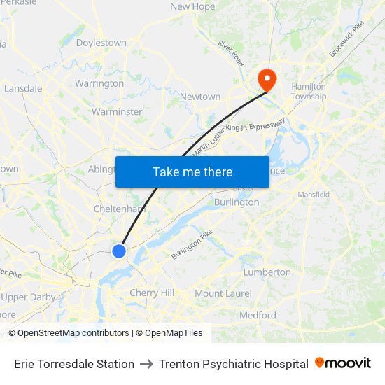 Erie Torresdale Station to Trenton Psychiatric Hospital map