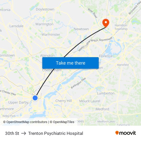 30th St to Trenton Psychiatric Hospital map