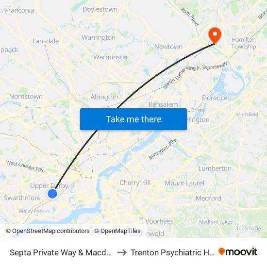 Septa Private Way & Macdade Blvd to Trenton Psychiatric Hospital map