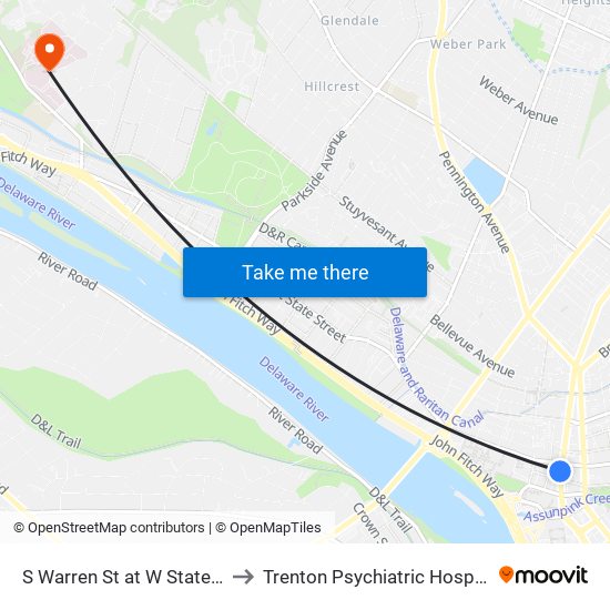 S Warren St at W State St to Trenton Psychiatric Hospital map