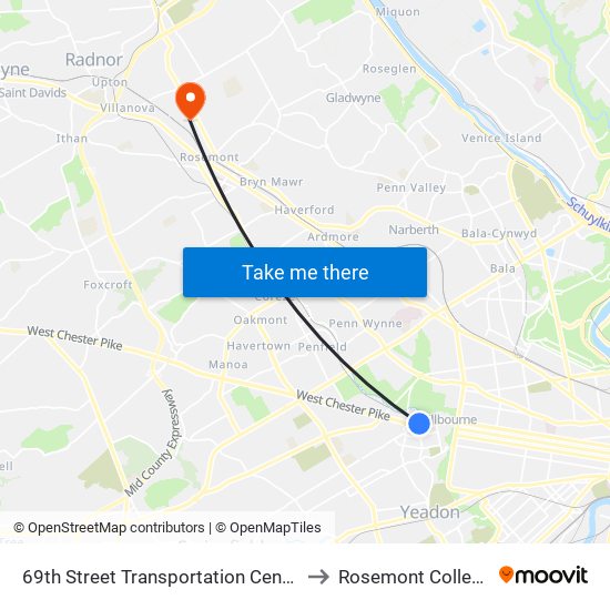 69th Street Transportation Center to Rosemont College map