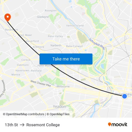 13th St to Rosemont College map