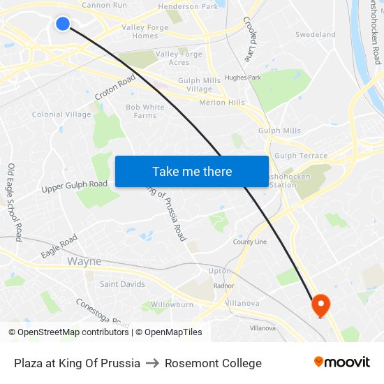 Plaza at King Of Prussia to Rosemont College map