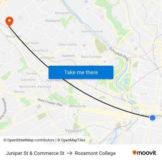 Juniper St & Commerce St to Rosemont College map
