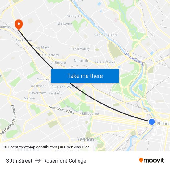 30th Street to Rosemont College map