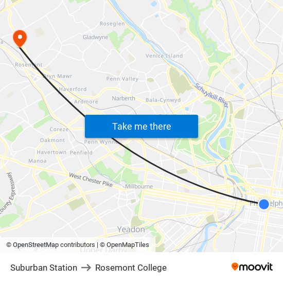 Suburban Station to Rosemont College map