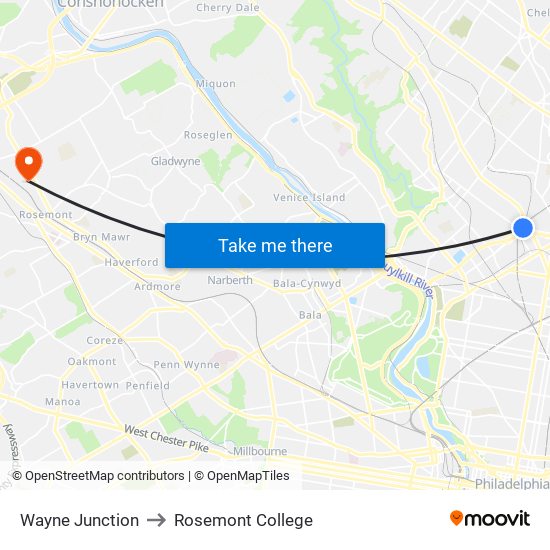 Wayne Junction to Rosemont College map